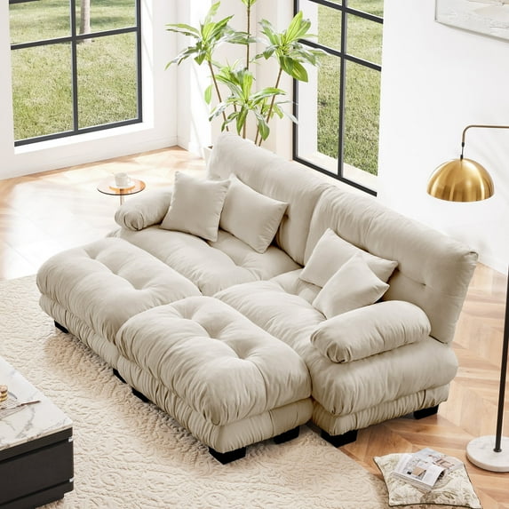 94"Loveseat Sofa, Chenille 2 Seater Cloud Couch with 4 Soft Pillows, Upholstered Deep Seat Sleeper Sofa with 2 Ottomans for Living Room, Apartment, Office, Light Coffee