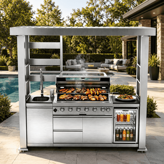 94" Modular Outdoor Kitchen Island – 6-Burner 85,000 BTU Propane Gas Grill with Rotisserie, Granite Countertops, Stainless Steel Sink, Beverage Fridge & Galvanized Steel Roof