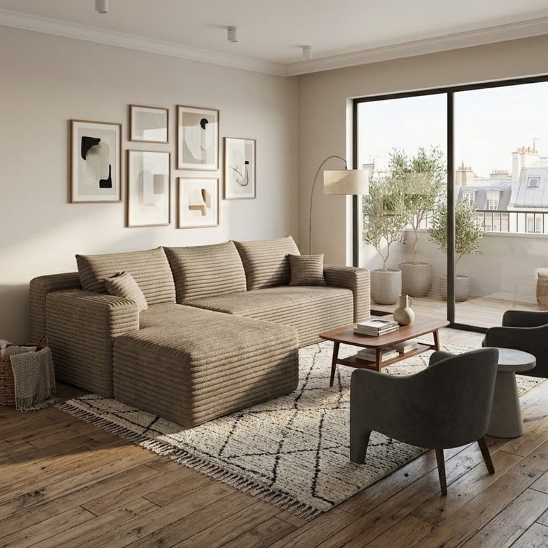 94" Modular Sectional Sofa, Modern Corduroy Cloud Couch with Side Pockets, Boneless Couch Upholstered 3-Seater L-Shaped Sofa for Living Room, Left Facing Chaise