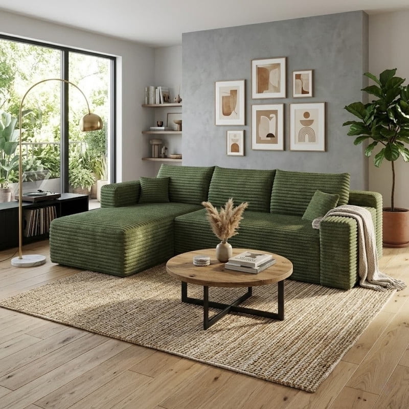 94" Modular Sectional Sofa, Modern Corduroy Cloud Couch with Side Pockets, Boneless Couch Upholstered 3-Seater L-Shaped Sofa for Living Room, Left Facing Chaise