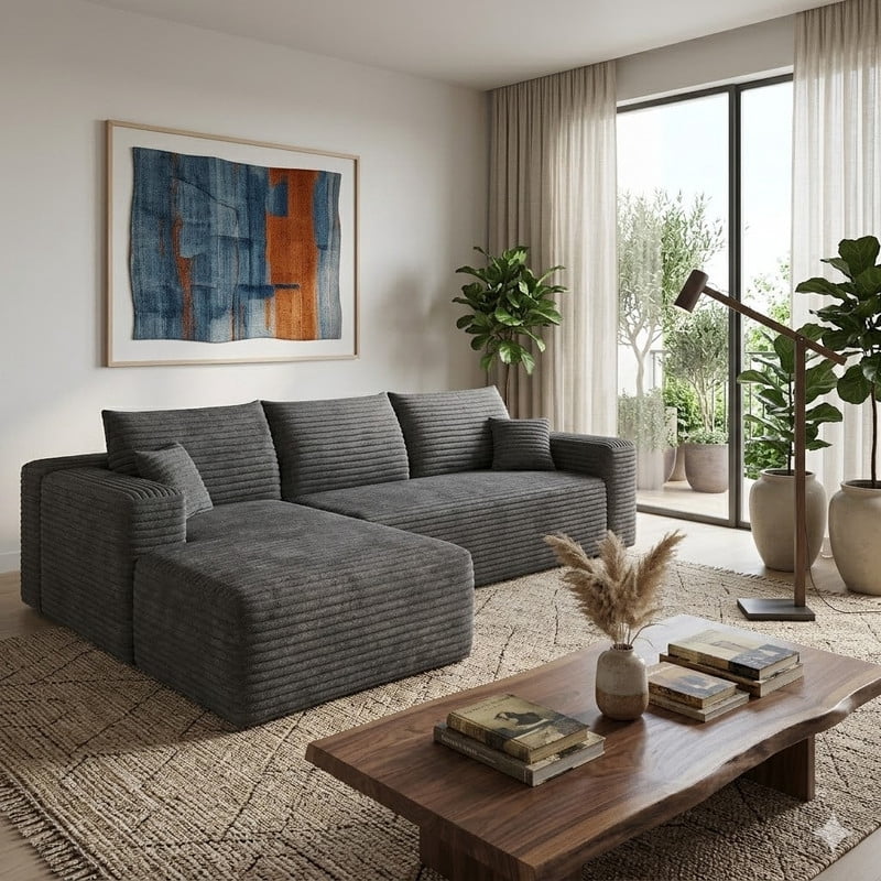 94" Modular Sectional Sofa, Modern Corduroy Cloud Couch with Side Pockets, Boneless Couch Upholstered 3-Seater L-Shaped Sofa for Living Room, Left Facing Chaise