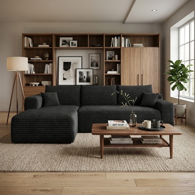 94" Modular Sectional Sofa, Modern Corduroy Cloud Couch with Side Pockets, Boneless Couch Upholstered 3-Seater L-Shaped Sofa for Living Room, Left Facing Chaise