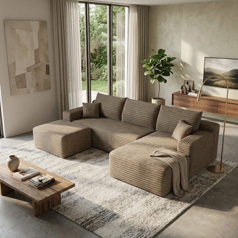 94" Modular Sectional Sofa with Ottoman, Modern Corduroy Cloud Couch with Deep Seat, Upholstered 3-Seater U-Shaped Sofa for Living Room, Right Facing Chaise