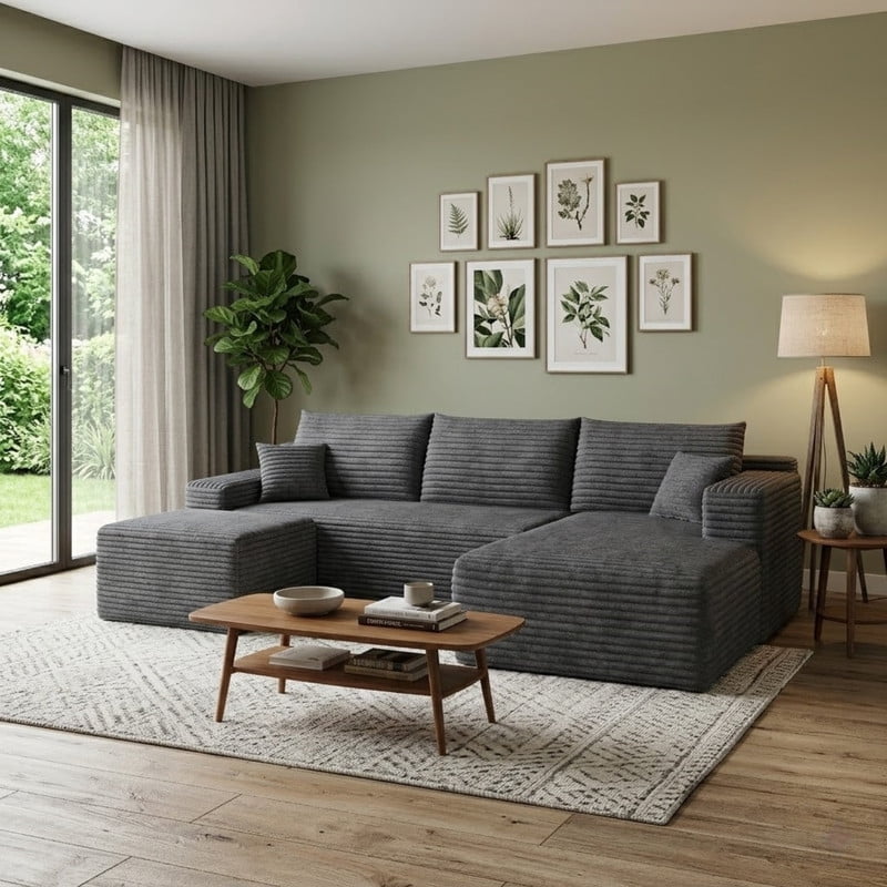 94" Modular Sectional Sofa with Ottoman, Modern Corduroy Cloud Couch with Deep Seat, Upholstered 3-Seater U-Shaped Sofa for Living Room, Right Facing Chaise