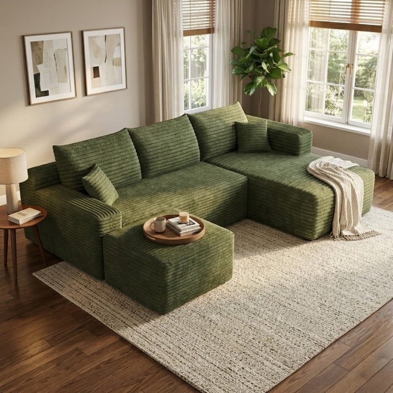 94" Modular Sectional Sofa with Ottoman, Modern Corduroy Cloud Couch with Deep Seat, Upholstered 3-Seater U-Shaped Sofa for Living Room, Right Facing Chaise