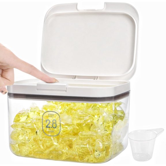 94 OZ/2.8L Laundry Pods Container, One-Press Lid Laundry Powder Holder Dispenser, Clear PET Detergent Sheet Organizer with Measuring Cup for Booster Beads, Dryer Balls, Flour, Pet Food