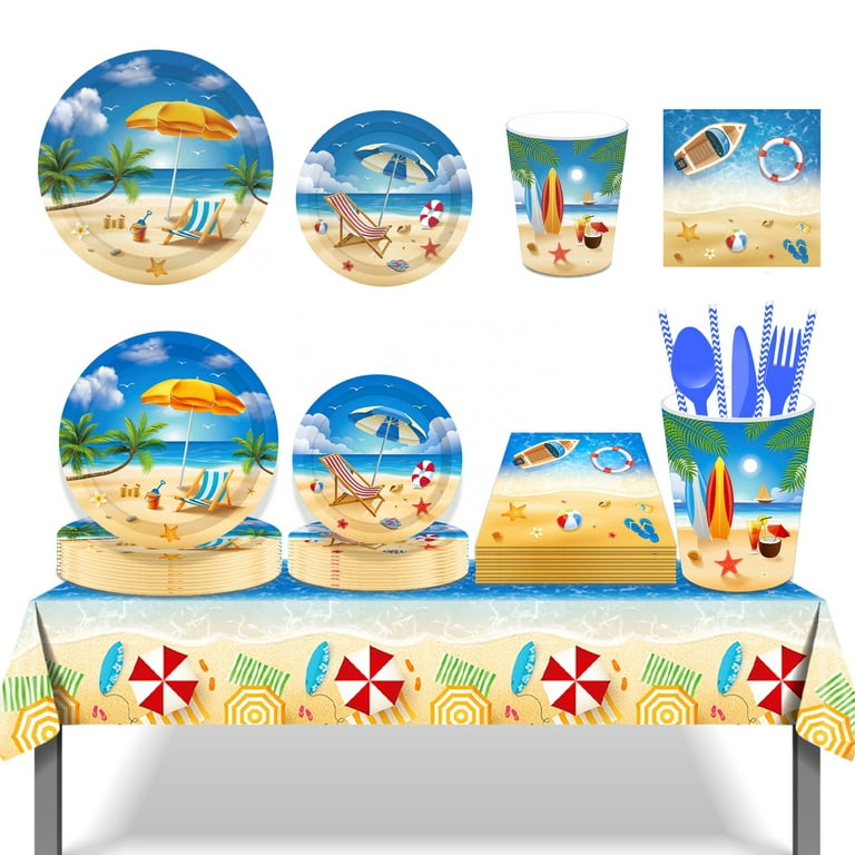 94 PCS Summer Beach Party Supplies - Beach Party Decorations Tableware  Include Plates Cups Napkins Cutlery Table Cloth Straws - Summer Beach Theme Party  Supplies for Kids Birthday 