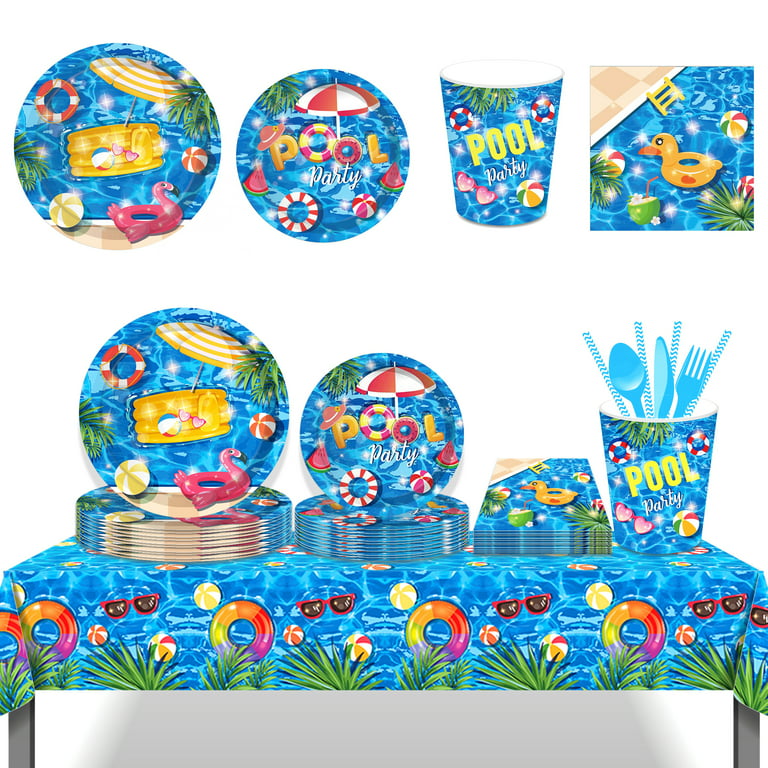 94 PCS Summer Pool Party Supplies - Pool Party Decorations Tableware  Include Plates Cups Napkins Cutlery Table Cloth Straws - Summer Pool Themed Party  Supplies for Kids Birthday 