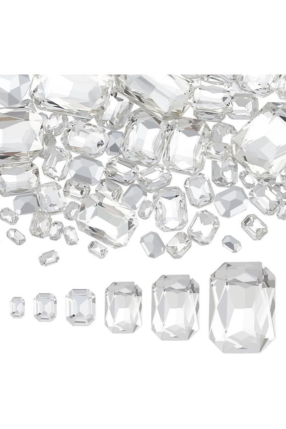 94 Pcs 6 Size Glass Rhinestones Gems Rectangle Pointed Back Rhinestone Stone Glass Diamond with Silver Color Plated Back