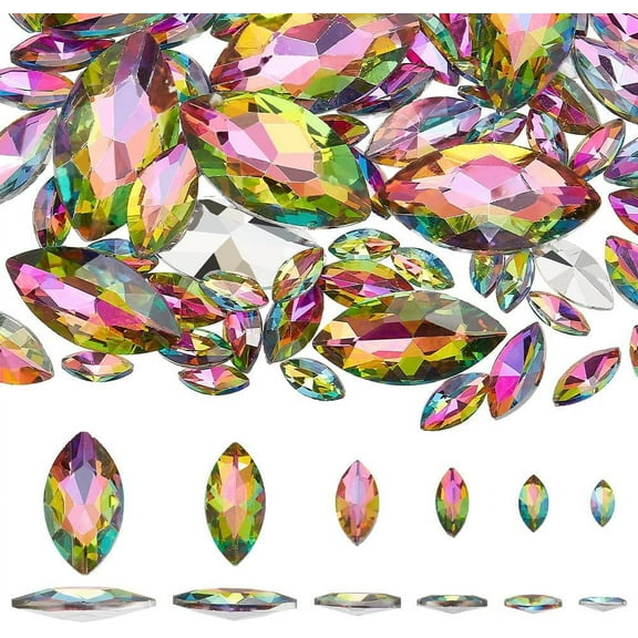 94 Pcs Horse Eye Glass Rhinestones 6 Sizes Colorful Pointed Back Rhinestone Marquise Shaped Faceted Gem Stone Jewelry Embelishment with Plated Back for Craft Decor Jewelry Making