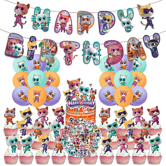94 Pcs Super Kitties Birthday Party Decorations, Cartoon Cat Hero Party Supplies with Banner, Balloons, Cake Cupcake Toppers, Stickers for Kids Girls Boys Party Favors & Photo Booth Props
