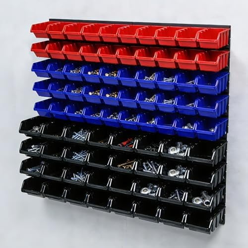 94 Pcs Wall Mounted Storage Bins, Garage Organizer System with Black, Blue, Red Plastic Bins, ABS Material, 30.7 x 30.7 x 5.9 Inch, for Nuts and Bolts Storage$$Home Decor, Kitchen, & Other
