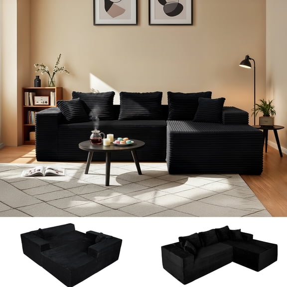 94" Sectional Sofa with Lounge, L-Shape Living Room Cloud Modular Convertible Sleeper Sofa, Corduroy Couch Deep Seat Sleeper Set,Bedroom Reversible Sofa W/Pillows,Black,Right