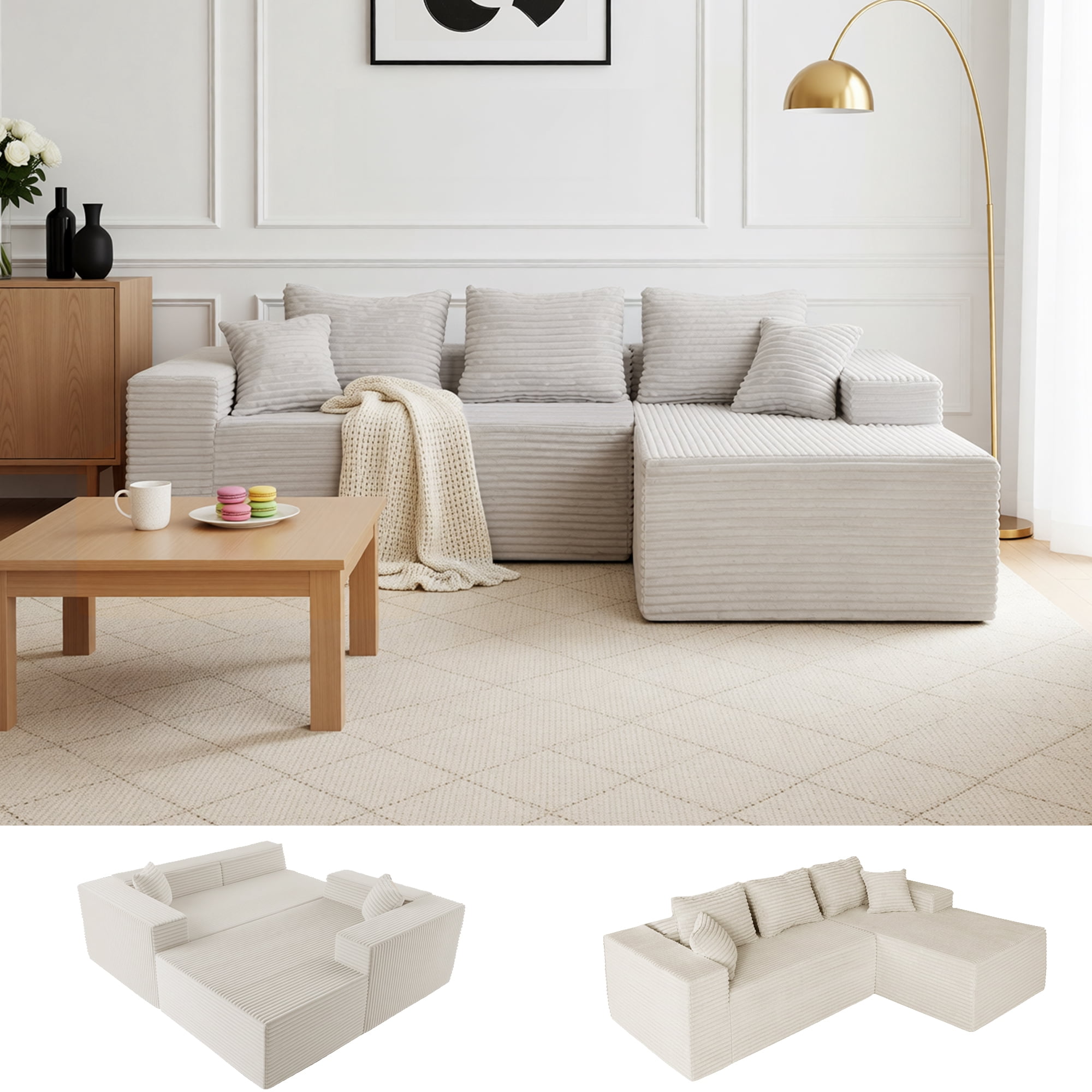 94" Boneless Sectional Sofa with Lounge, L-Shape Living Room Cloud Modular Convertible Sleeper Sofa, Corduroy Couch Deep Seat Sleeper Set,Bedroom Reversible Sofa W/Pillows,Beige,Right