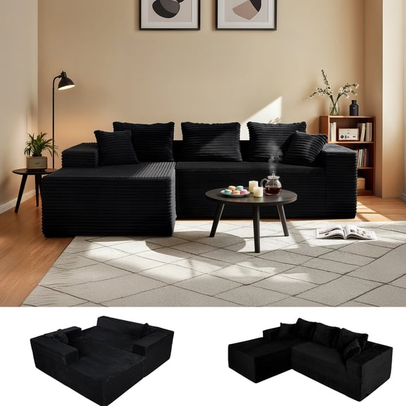 94" Sectional Sofa with Lounge, L-Shape Living Room Cloud Modular Convertible Sleeper Sofa, Corduroy Couch Deep Seat Sleeper Set,Bedroom Reversible Sofa W/Pillows,Black,Left