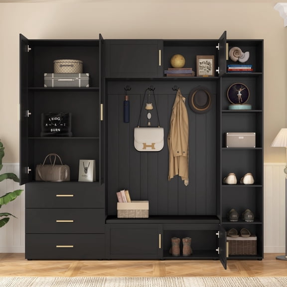 94"W 4-in-1 Entryway Hall Tree with Padded Bench, Coat Rack with 4 Hooks, Adjustable Storage Shelves & Cabinet, Large Mudroom Organizer for Hallway Living Room, Antique Black