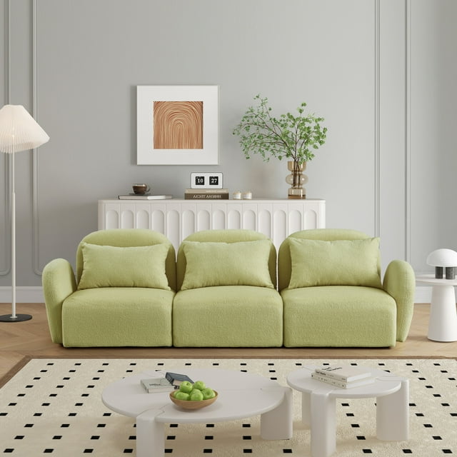 94"W Teddy Fabric 3 Seater Sofa with Lumbar Pillow, Comfy Sofa Couch with Extra Deep Seats, Upholstered Boucle Tufted Sofa Couch, for Living Room Bedroom Office, Light Green