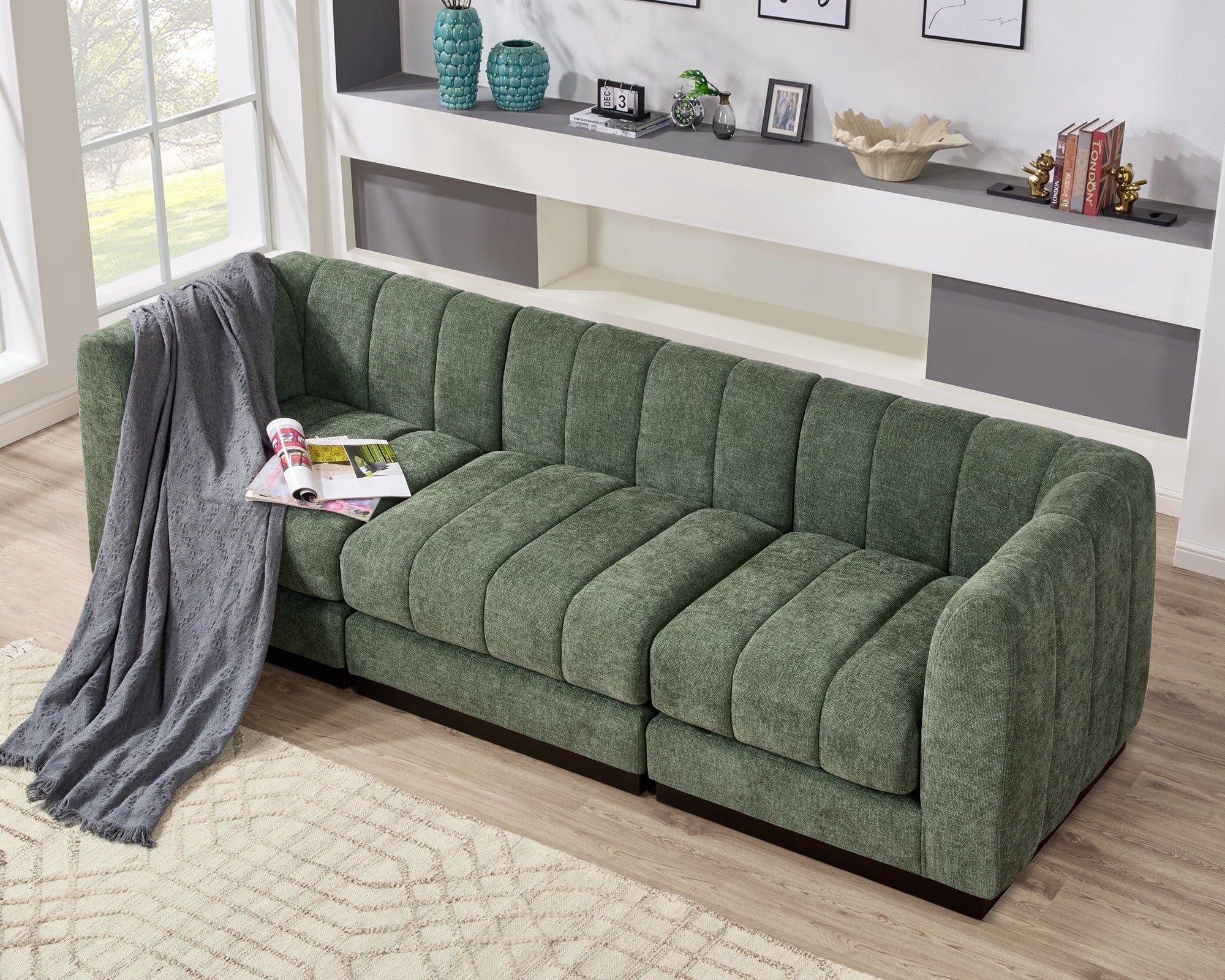 94 in. Chenille Green Sectional Couch, 3 Seater Modular Sofa Set for ...
