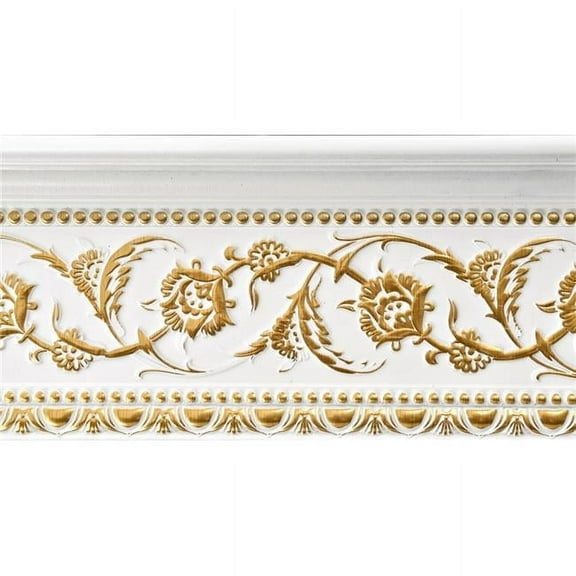 94 in. Gold Floral on French White Crown Molding, White & Gold