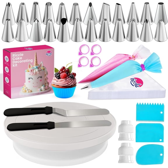 94 pcs Cake Decorating Kit with Cake Turntable - Includes 50pcs 16 Inch Disposable + 2 Reusable Piping Bags and Tips Set, 24 Icing Piping Tips, 2 Spatulas, 3 Icing Comb Scraper, 6 Cake Liners