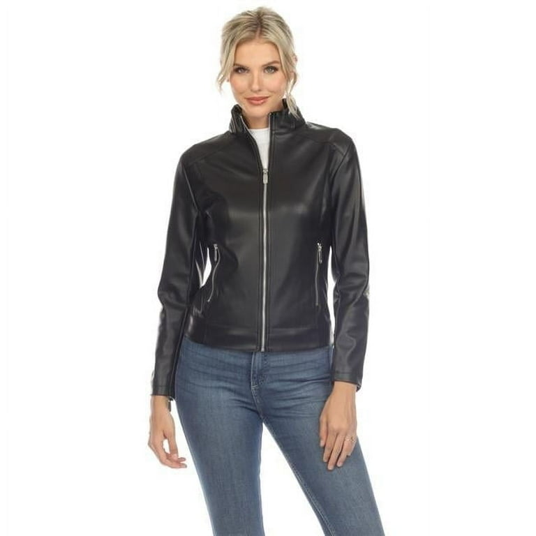 940-01-M Womens Classic Biker Faux Leather Jacket, Black - Medium