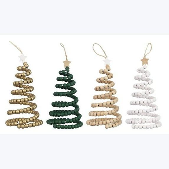 94047 - Wood Spiral Beaded Hanging Christmas Tree with Star, 4 Assorted