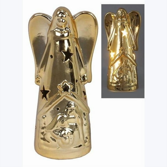 94069 - Young's Inc Ceramic Christmas Angel with LED Light, Gold Finish, Festive Dcor