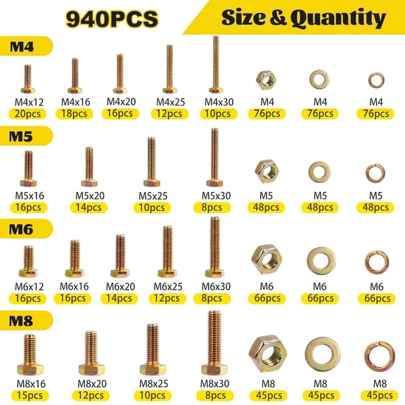 940PCS Metric Bolt and Nut Assortment Kit, M4-0.7, M5-0.8, M6-1.0, M8-1.25 Heavy Duty Hex Bolts Nuts Washers Assorted Kit, Grade 8.8 Alloy Steel Yellow Zinc Plated