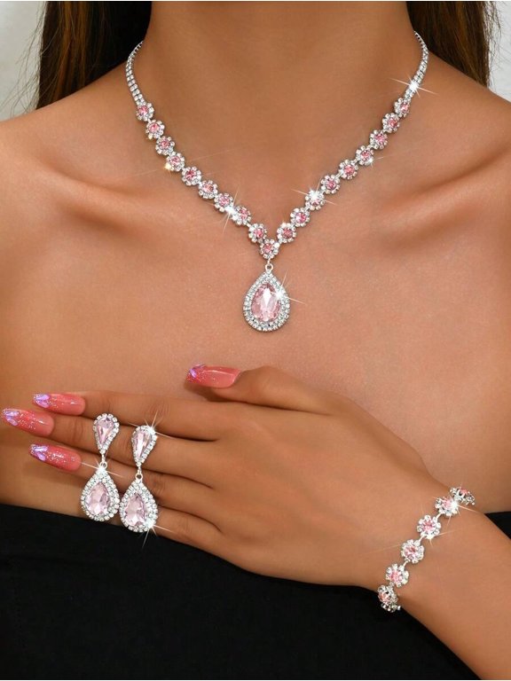 941798 Pink Suit Pink Teardrop Crystal Jewelry Set: Necklace, Earrings &