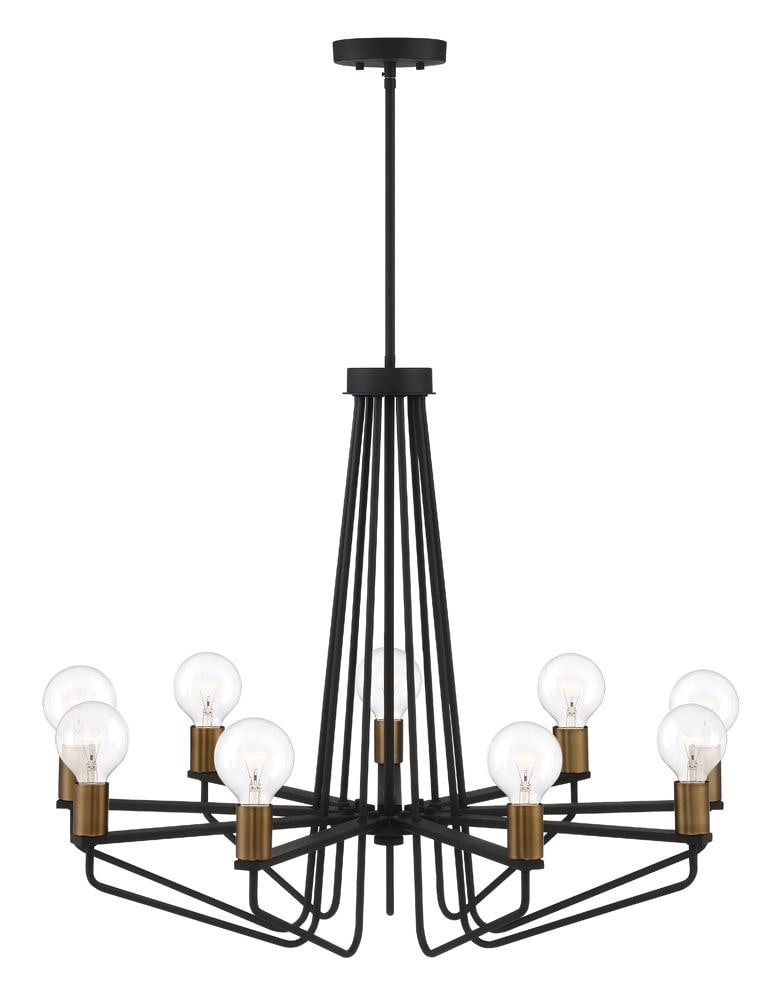 Ravella 27" Black Aluminum 9-Light Industrial Chandelier with Satin Brass Accents