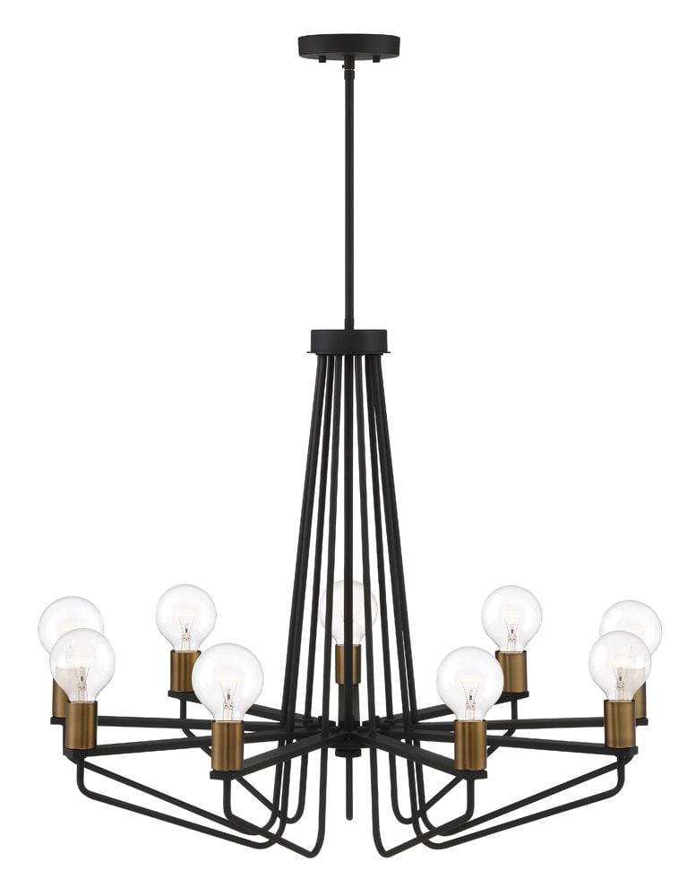 Ravella 27" Black Aluminum 9-Light Industrial Chandelier with Satin Brass Accents