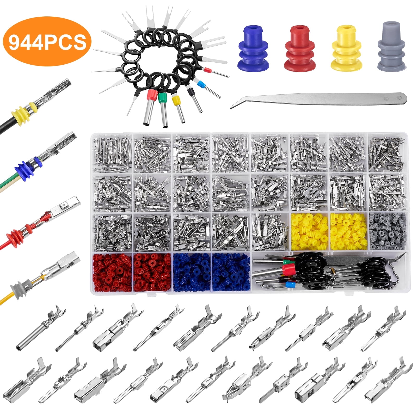 Filluck 944PCS Pin Connector Kit, Car Electrical Wire Connectors Terminal Pins, 21Type 1/1.5/1.8/2.2/2.8/3.5mm Male & Female Wire Terminal Removal Tool, Non Insulated Crimp Pins for Motorcycle ATV