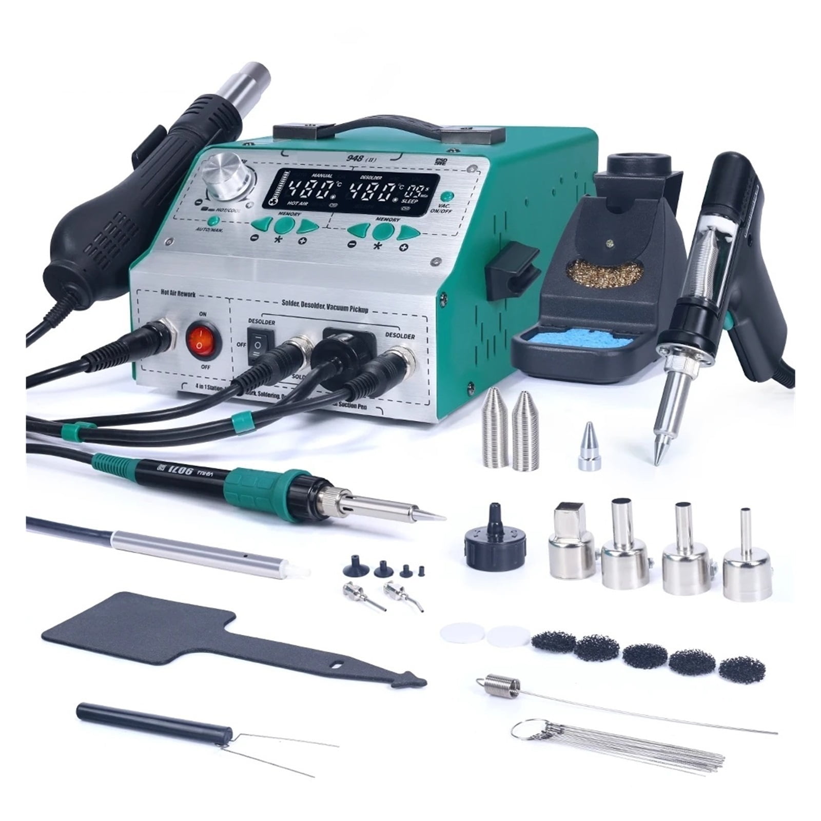 948-II 4 In 1 Desoldering Hot Air Gun Rework Soldering Iron Suction Tin Gun Pick Up Pen Desoldering Soldering Station ,Fast Heating and Auto Hibernate