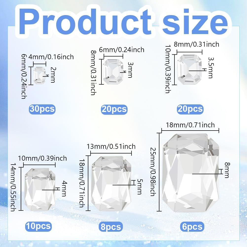 Pointed Rhinestones Stone 94PCS 6 Size Crystal Glass Rhinestones Gems Rectangle Pointed Back ...