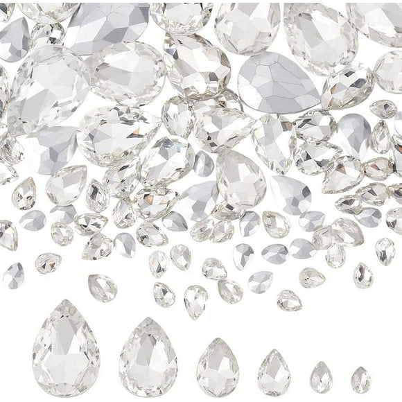 94Pcs Pointed Back Rhinestone 6 Sizes Glass Rhinestones Gems Clear Teardrop Crystal Beads Jewels Embelishments with Silver Plated Back Faceted Bead