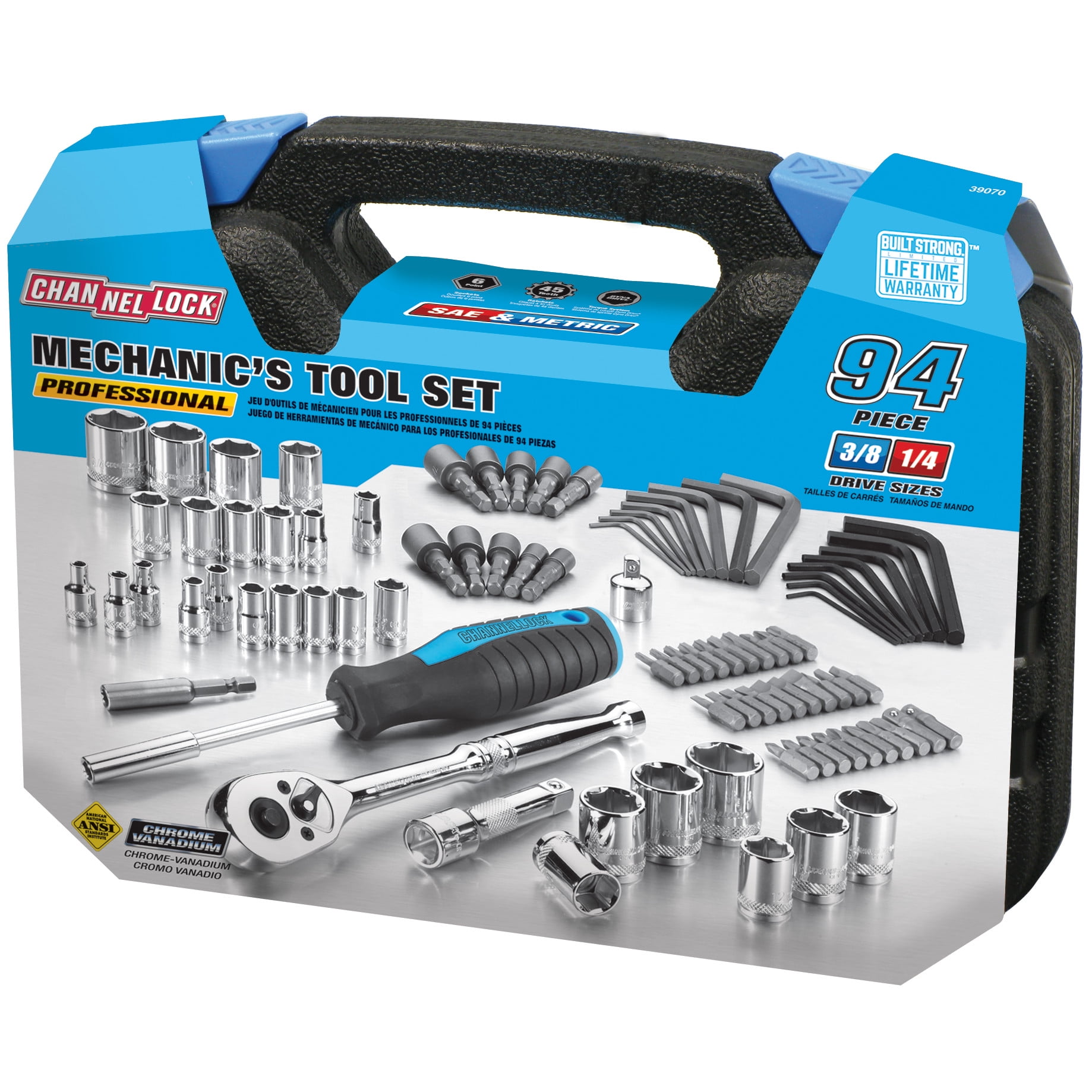 CHANNELLOCK Mechanic's Tool Set, Includes Standard and Deep-Well SAE and Metric Sizes, Durable Molded Case, 94 pieces (39070)