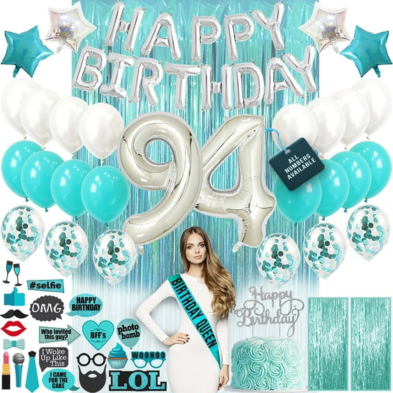 94th Birthday Decorations, 94th Birthday Party Supplies, 94th Birthday Banner Teal Green, Confetti Balloons Her, 93 Cake Topper, 94th Gifts