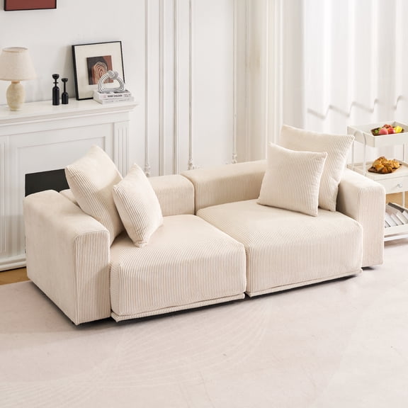 95.28" W Corduroy Sofa With Square Arm , High Sponge Fill Modular 2-Seater Sofa Couch With Pillows