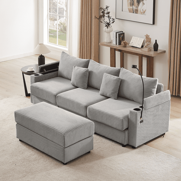 95.3" Modular Sectional Sofa, Modern 3 Seat Sectional Sofa Couch with Storage Space, Movable Ottoman, 2 USB Ports, 2 Cup Holders and a Phone Holder, Lounge Cloud Couch for Living Room, Grey