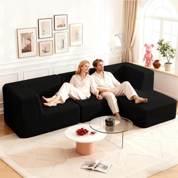 95 4 Pcs Sectional Couches for Living Room, Cloud Sectional Couch with Deep Seat, Modern Modular L-Shape Sofa Couch with Chaise,Upholstered Couches for Living Room Bedroom Black