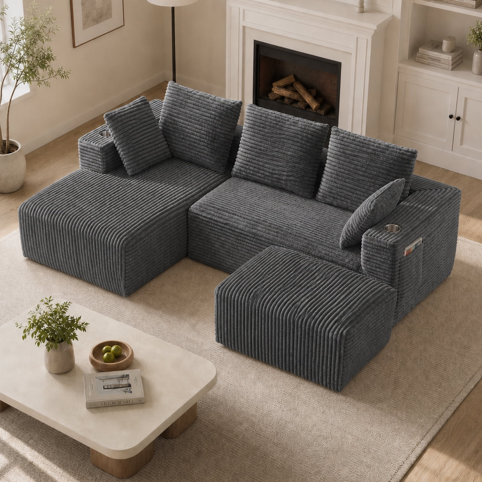 95'' 4 Seater Boneless L Shape Modular Sofa Couch with 4 Pillows, 2 Cup Holders and Ottoman