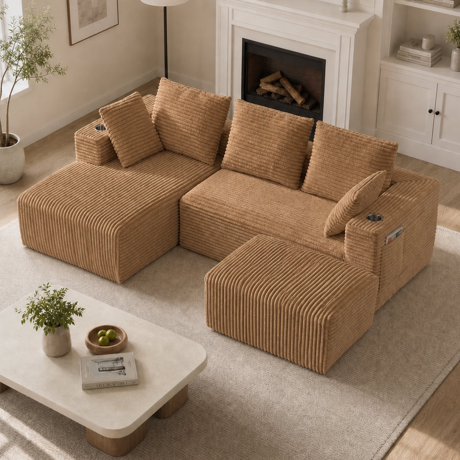 95'' 4 Seater Boneless L Shape Modular Sofa Couch with 4 Pillows, 2 Cup Holders and Ottoman
