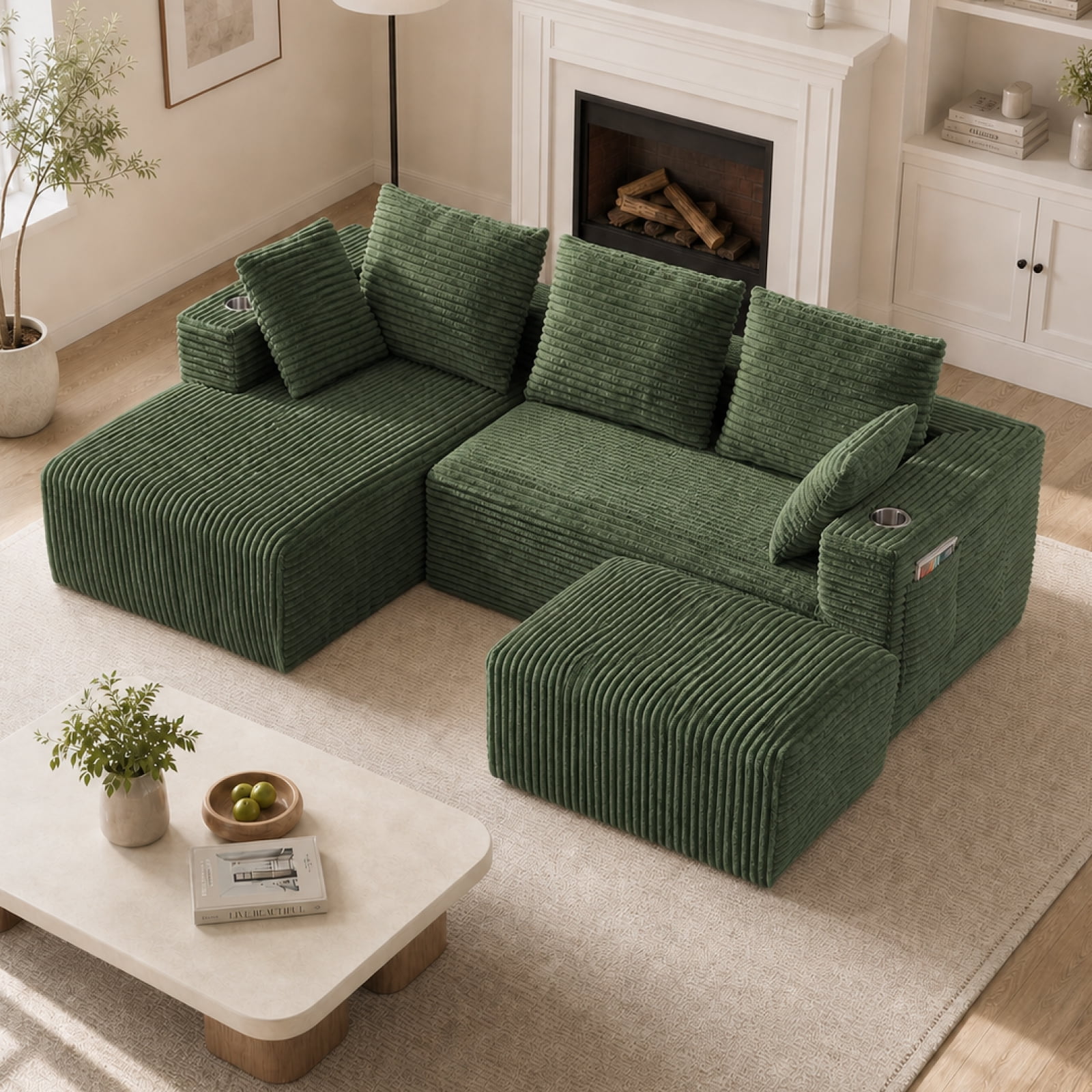 95'' 4 Seater Boneless L Shape Modular Sofa Couch with 4 Pillows, 2 Cup Holders and Ottoman