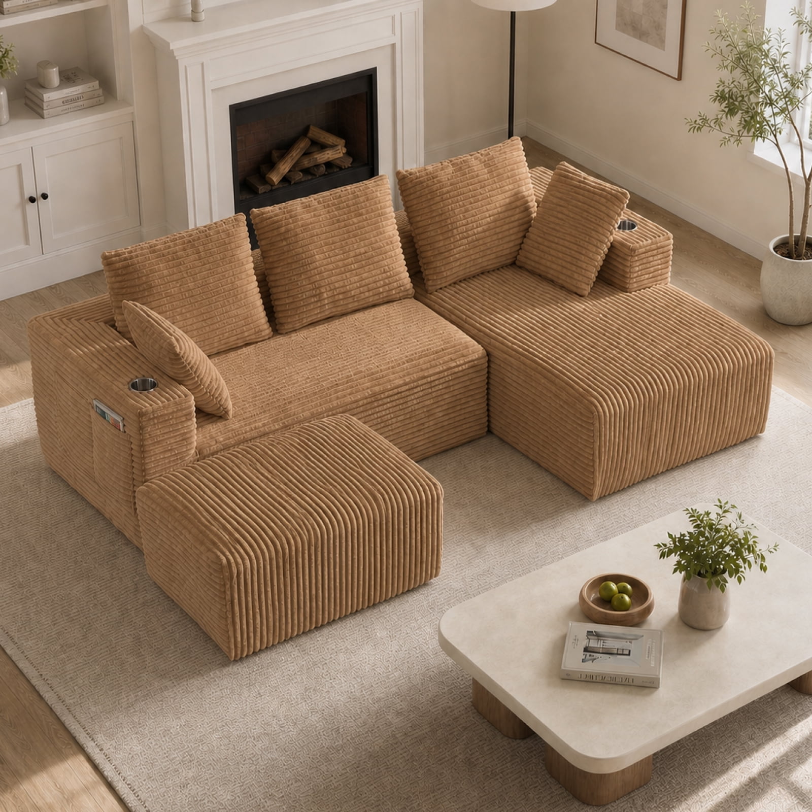 95'' 4 Seater Boneless L Shape Modular Sofa Couch with 4 Pillows, 2 Cup Holders and Ottoman