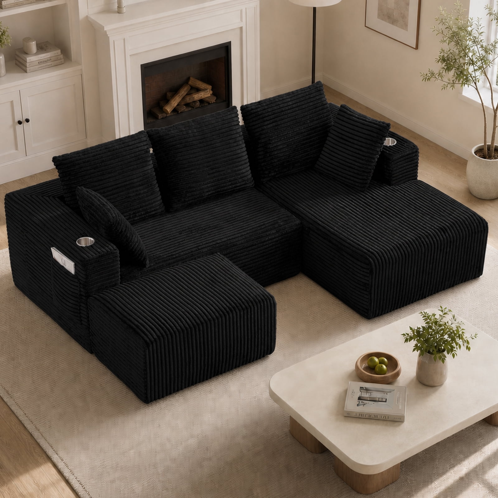 95'' 4 Seater Boneless L Shape Modular Sofa Couch with 4 Pillows, 2 Cup Holders and Ottoman