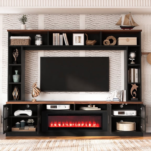 95.5" W Wall Unit Entertainment Center with Electric Fireplace Cabinets and Bookshelves for TVs up to 80", Modern TV Stand Media Console with Adjustable Shelves for Living Room, Black
