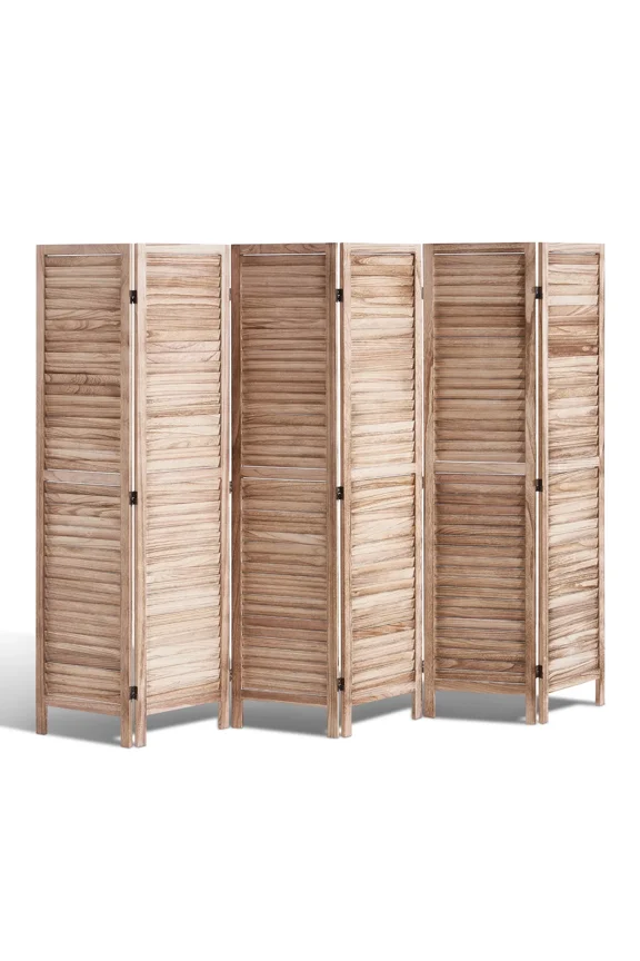 95" 6-Panel European Style Room Divider, Rustic Paulownia Wood Privacy Screen with 360 Hinges