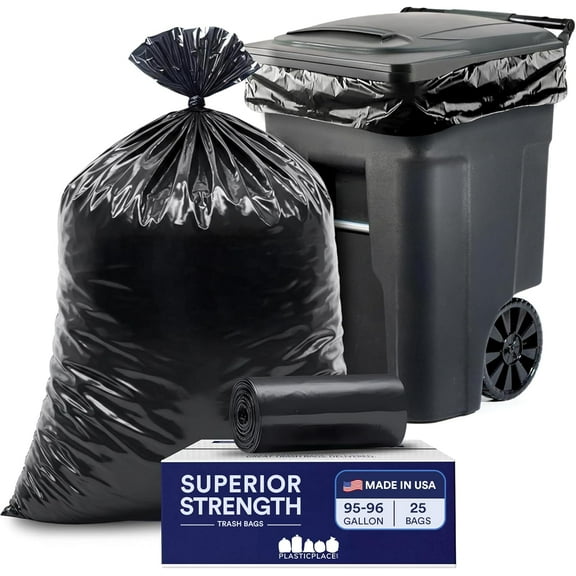 95-96 Gallon Garbage Can Liners Heavy Duty 1.5 Mil Black Trash Bags Tear-Resistant Outdoor Garbage Bags for Rollaway Bins Large 61" x 68" Industrial-Strength Waste Bags (25 Count)