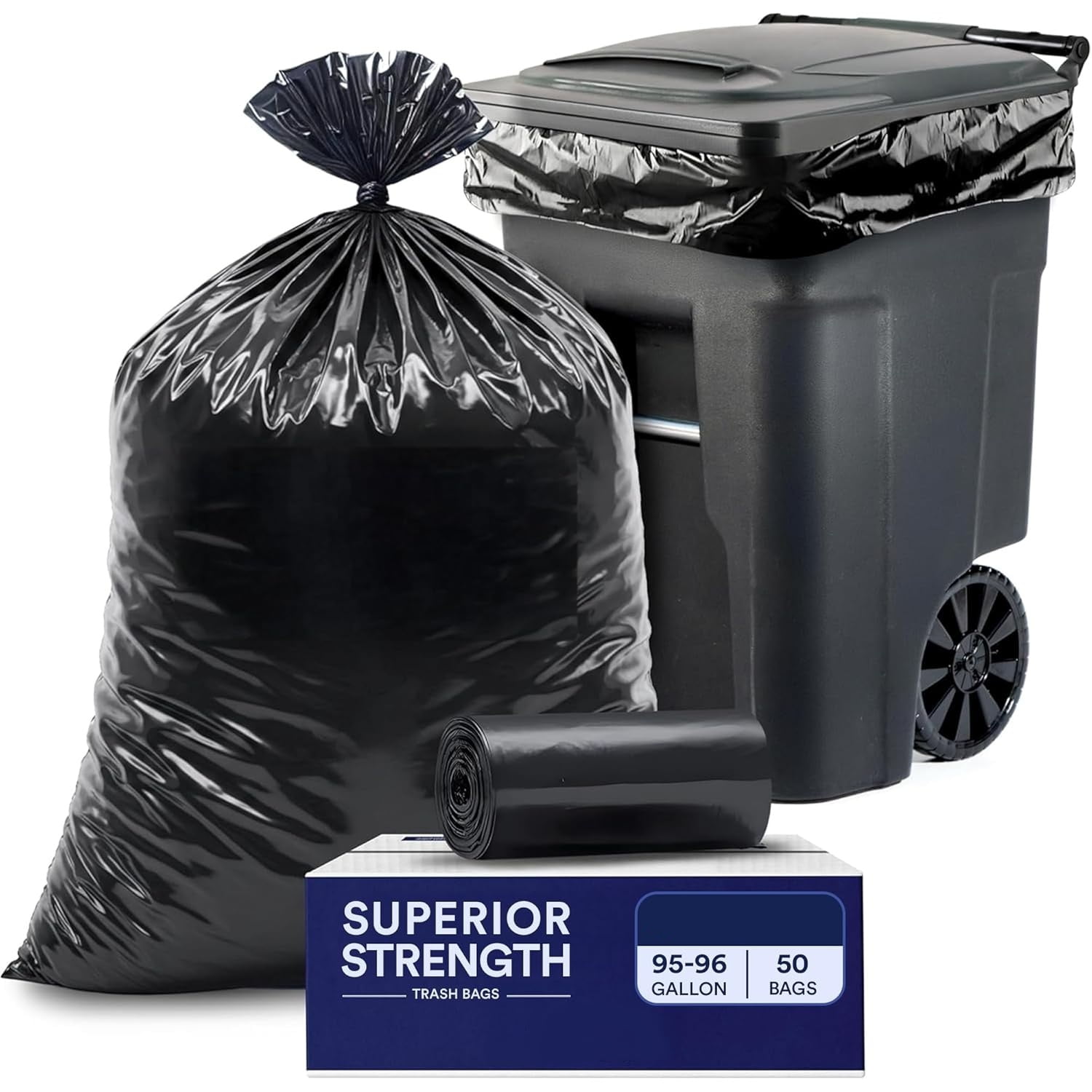 95-96 Gallon Heavy Duty Trash Bags, Garbage Bags, Puncture-Resistant, Fits Rollaway Cans & Drums, Durable Large Plastic Bags (50 Count)