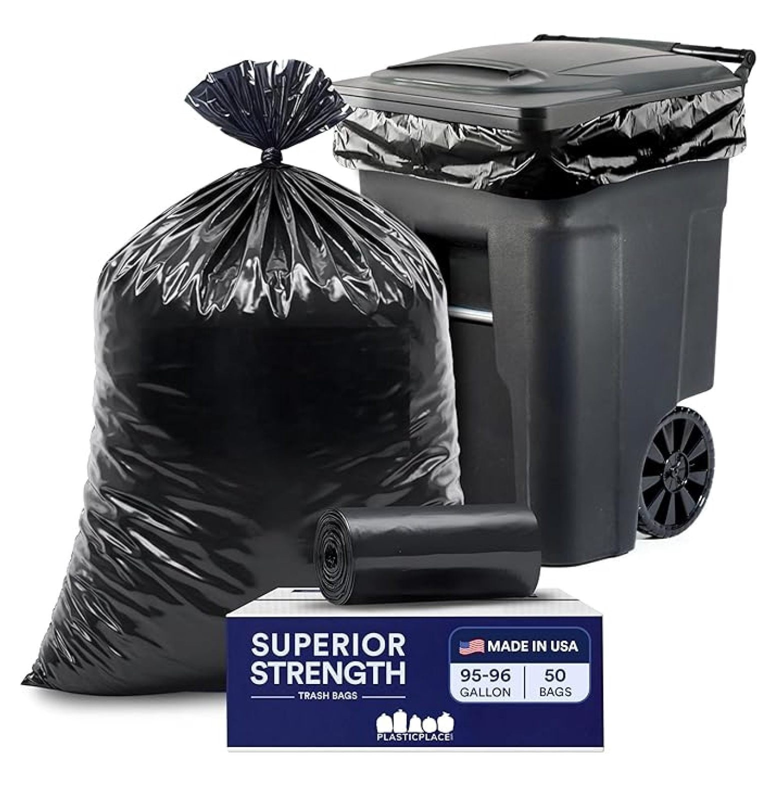 95-96 Gallon Trash Bags Heavy Duty - 50 Count - Puncture Resistant Garbage Bags for Rollaway Cans & Drums - Durable Large Plastic Bags
